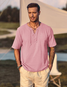 Coofandy Casual Linen Style V Neck Shirts (US Only) Shirts coofandy Pink S 