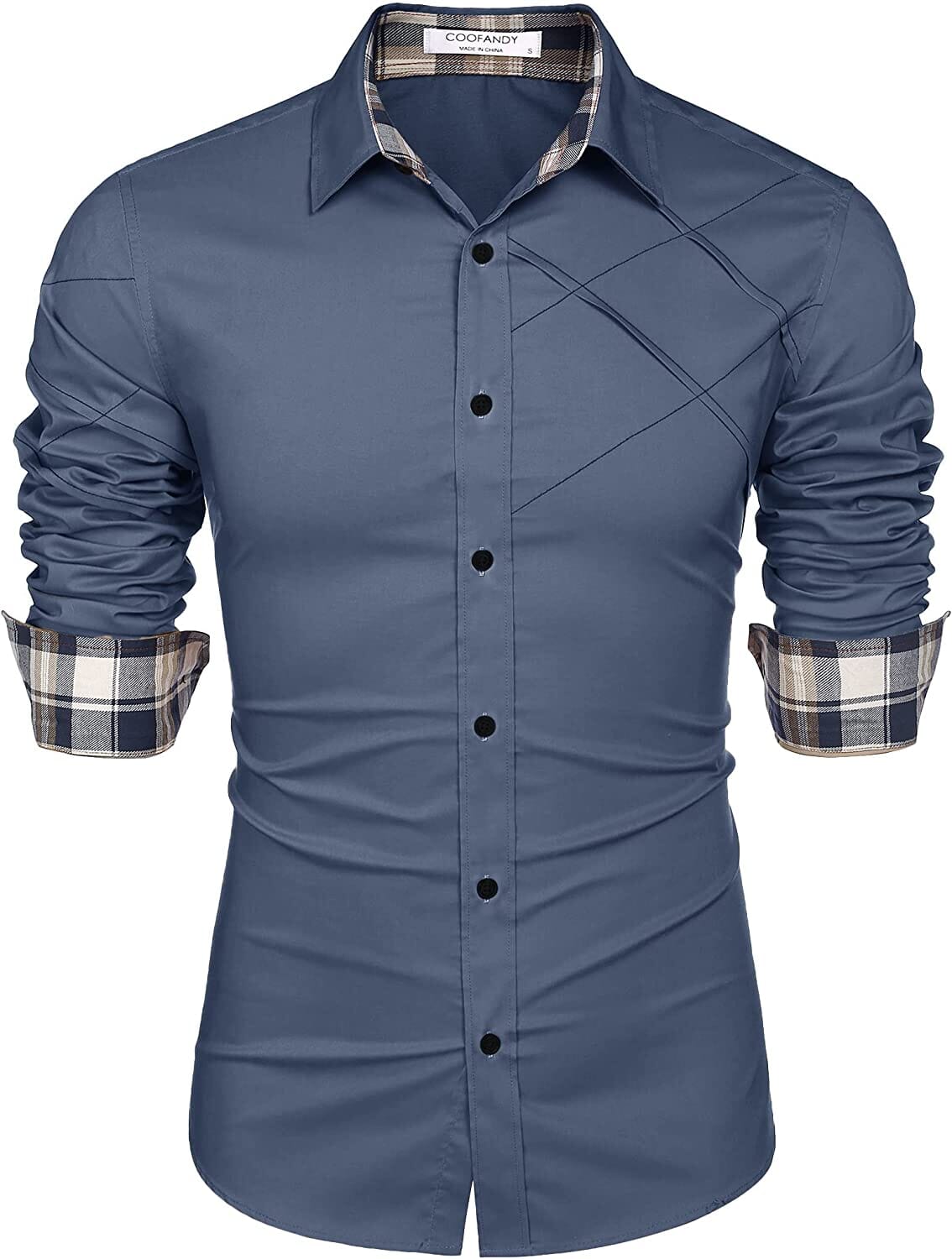 Plaid Collar Button Cotton Dress Shirt (US Only) Shirts COOFANDY Store Denim Blue S 