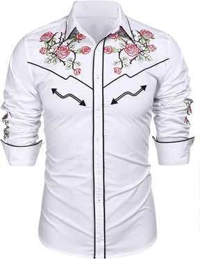 Western Cowboy Embroidered Button Down Cotton Shirt (US Only) Shirts COOFANDY Store White (Rose) S 