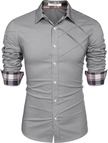 Plaid Collar Button Cotton Dress Shirt (US Only) Shirts COOFANDY Store Grey S 