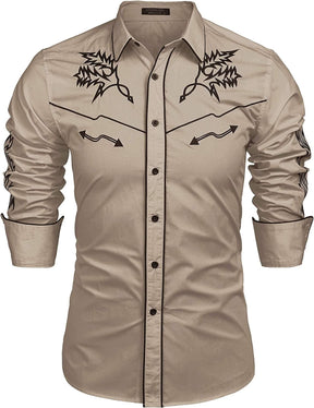 Western Cowboy Embroidered Button Down Cotton Shirt (US Only) Shirts COOFANDY Store Khaki S 