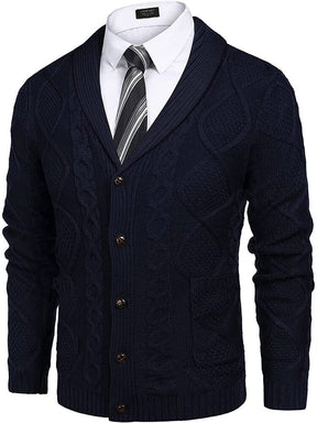 Shawl Collar Button Down Knitted Sweater with Pockets (US Only) Sweaters COOFANDY Store Navy Blue S 