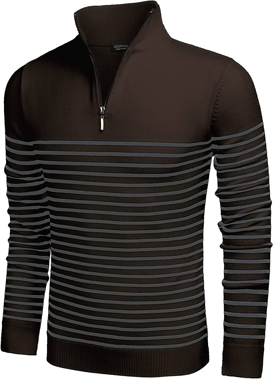 Striped Zip Up Mock Neck Pullover Sweaters (US Only) Sweaters COOFANDY Store Brown S 