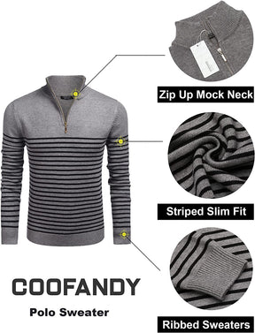 Striped Zip Up Mock Neck Pullover Sweaters (US Only) Sweaters COOFANDY Store 