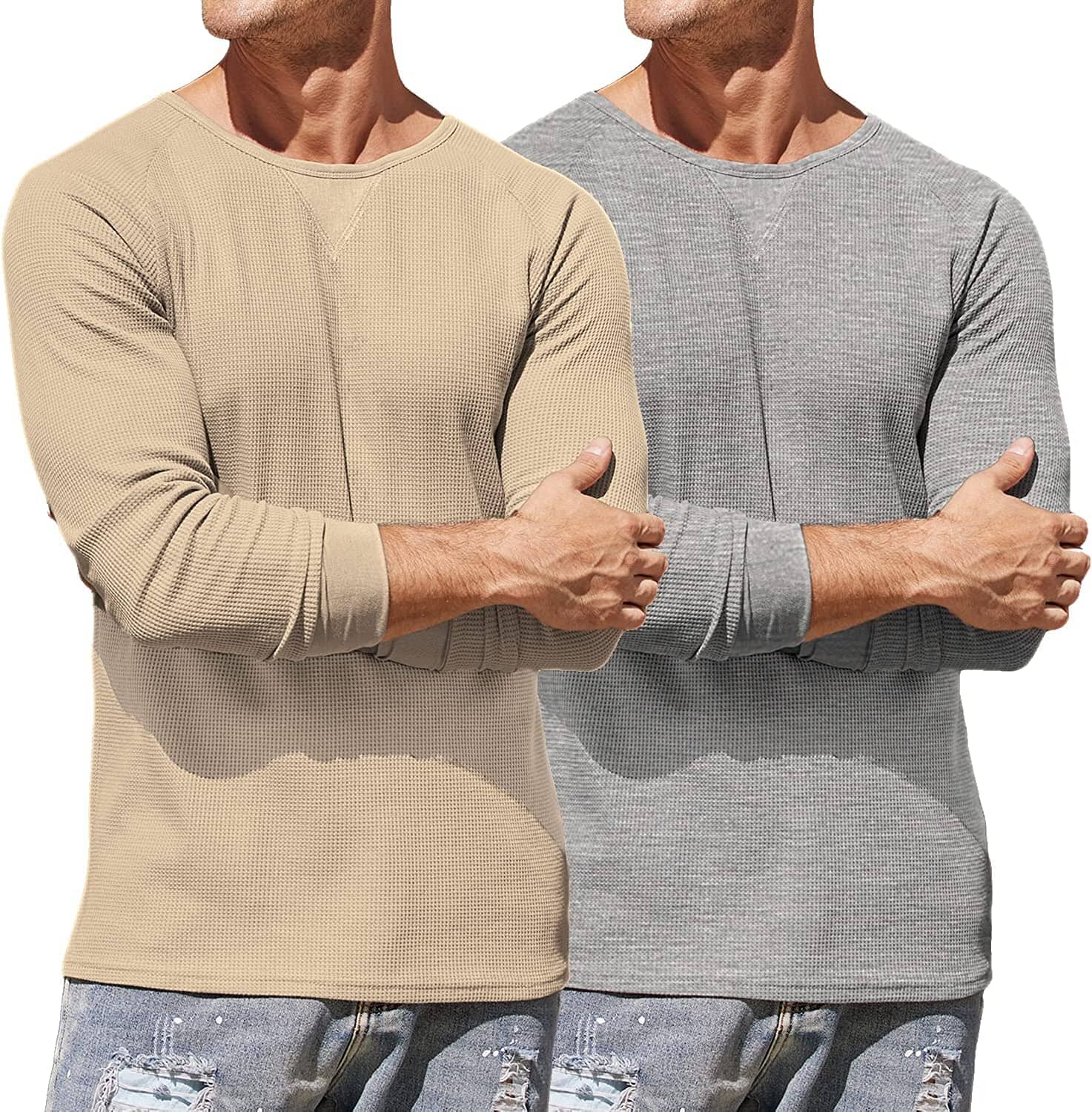 2 Pack Waffle Long Sleeve Cotton T-Shirt (US Only) T-Shirt COOFANDY Store Khaki/Grey S 