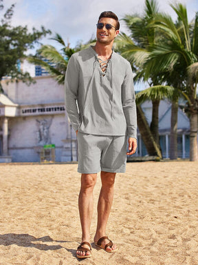 Cotton 2 Pieces Henley Shirt Set (US Only) Sets coofandystore Grey S 