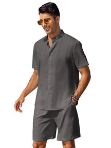 Casual Cotton Linen Stand Collar Shirt Set (US Only) Sets coofandy Dark Grey S 