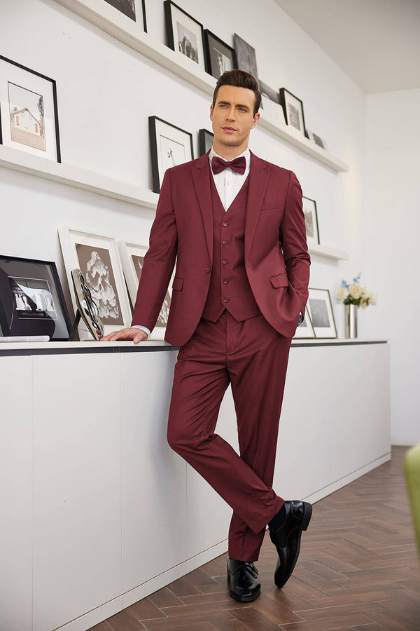 3 Piece Suits Set Tuxedo Prom Blazer Vest Pants Set (US Only) Suit Set coofandy Burgundy S 