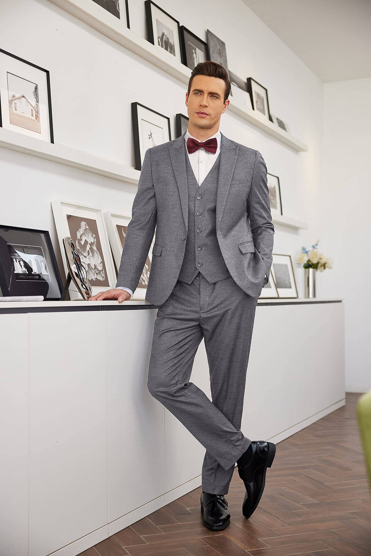 3 Piece Suits Set Tuxedo Prom Blazer Vest Pants Set (US Only) Suit Set coofandy Grey S 