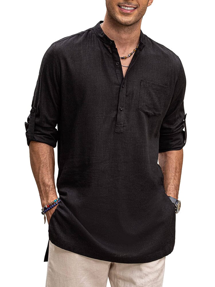 Linen Henley Long Sleeve Shirts with Pocket (US Only) Shirts Coofandy's Black S 