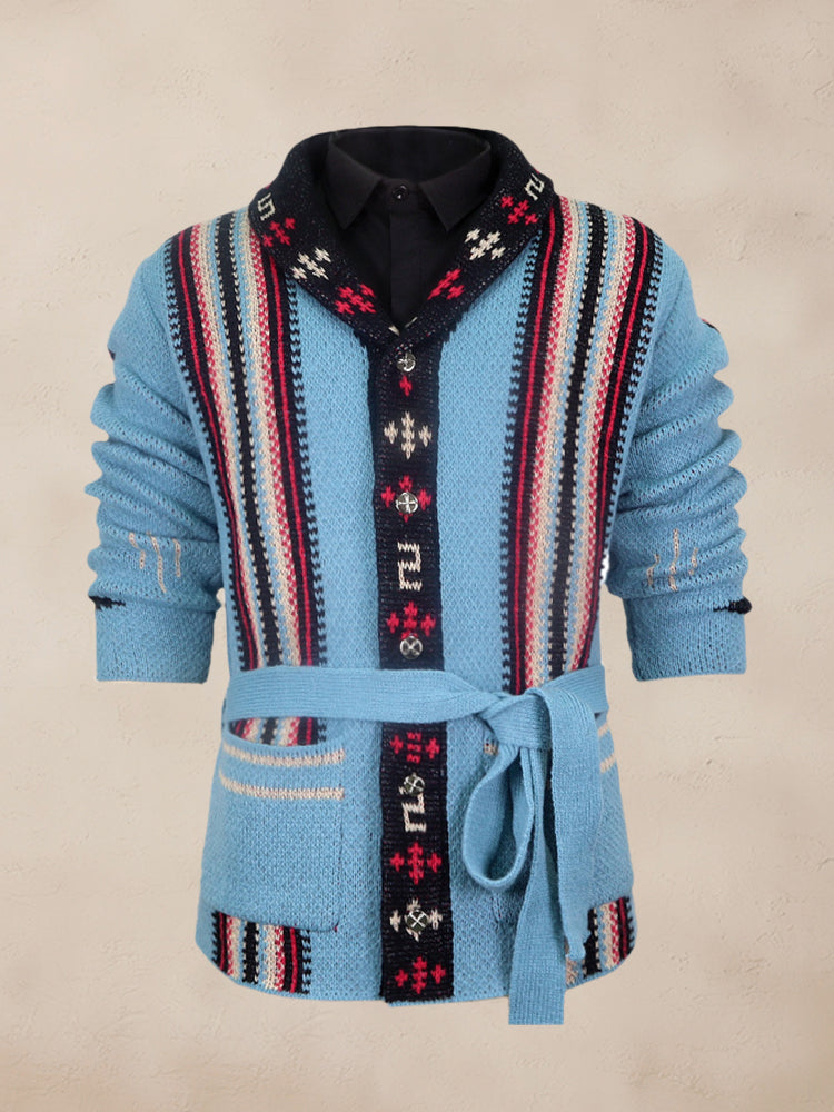 Stripe Jacquard Knit Cardigan with Belt