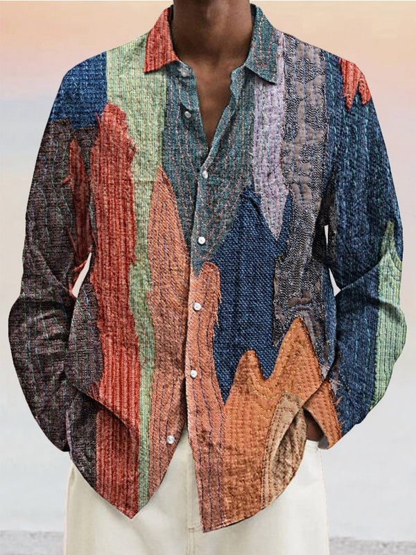 Stylish Colorblock Print Cotton Linen Shirt
