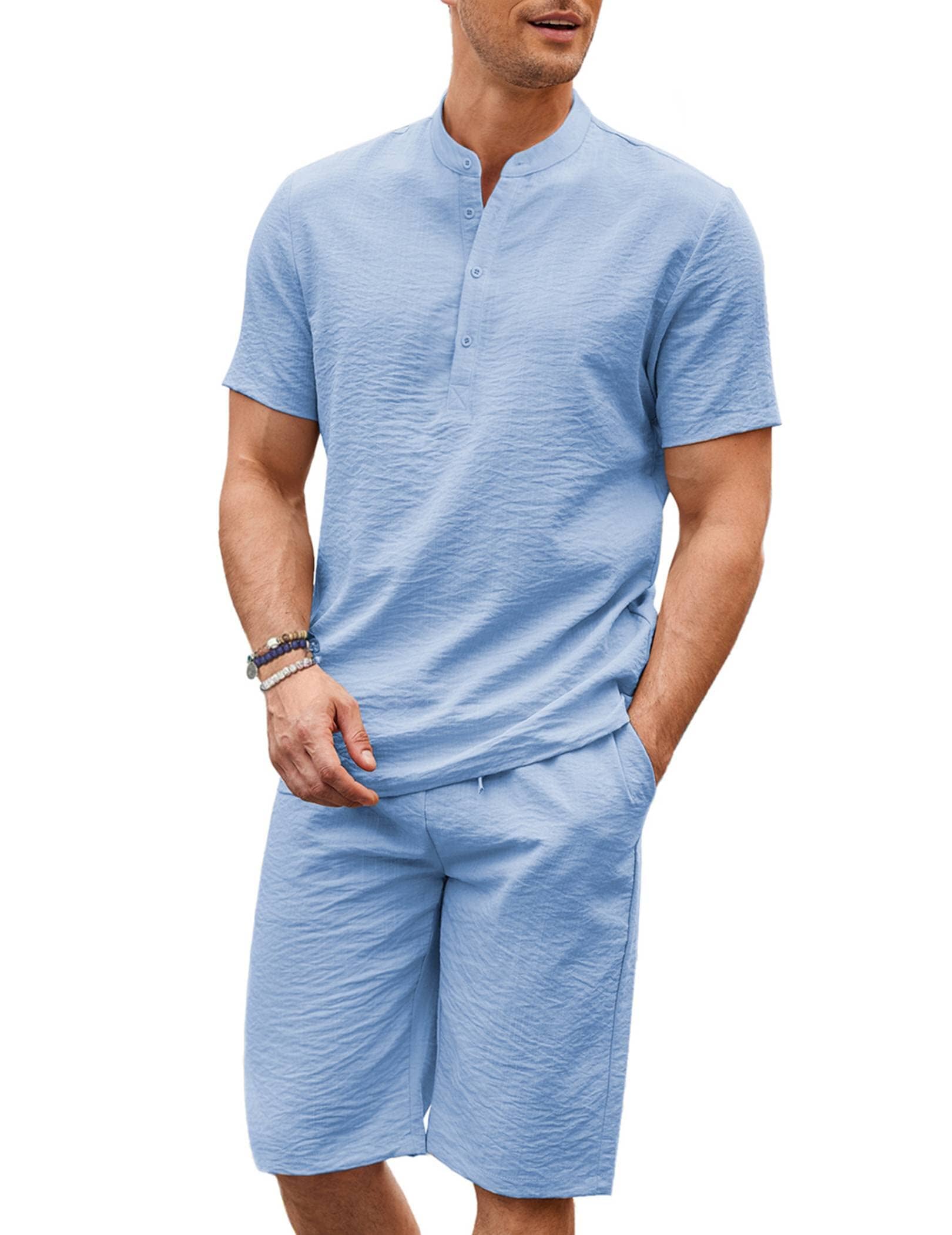 Casual 2 Pieces Cotton Linen Henley Shirt Set (US Only) Sets coofandy Light Blue S 