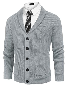 Lapel Button Up Cable Knit Cardigan with Pockets (US Only) Cardigans COOFANDY Store Light Grey S 