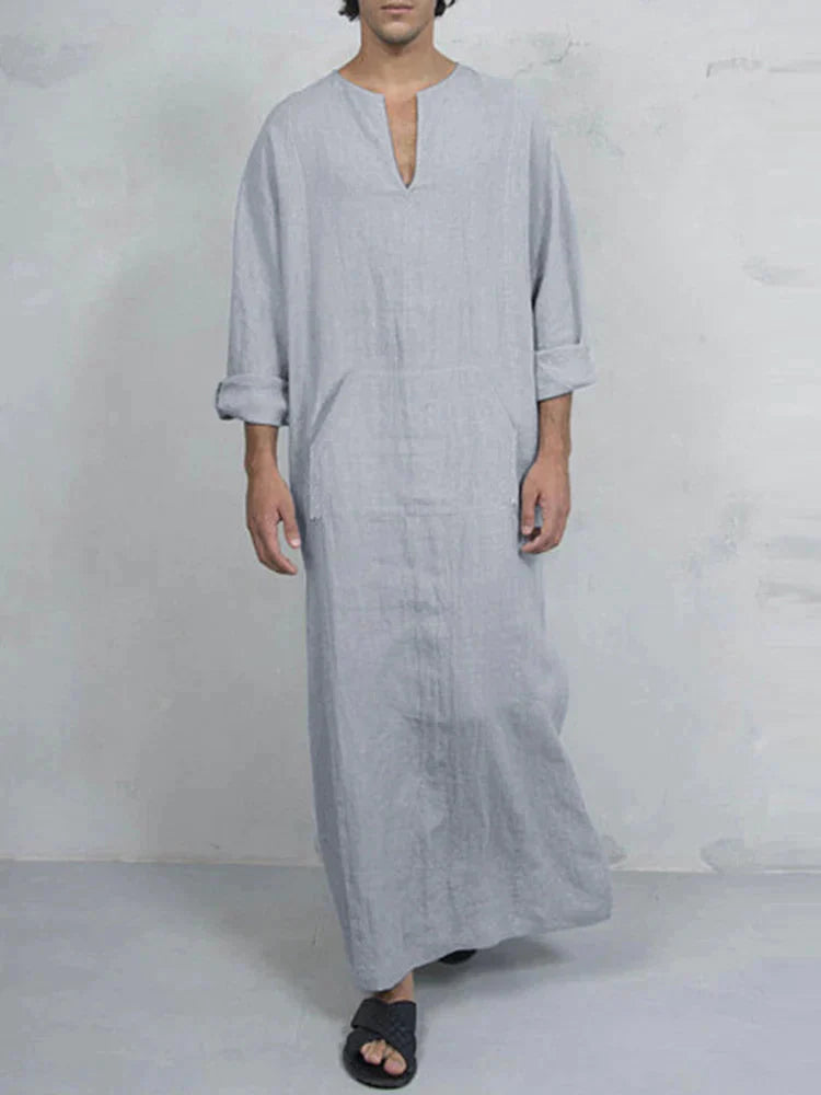 Linen One-Piece Hexagonal Pocket Long Shirt Robe coofandystore Grey Blue S 