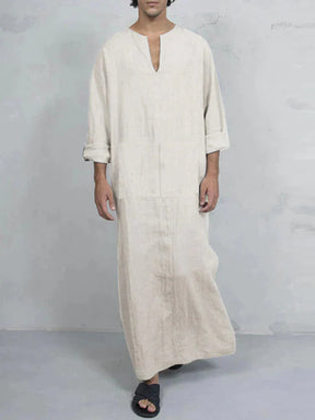 Linen One-Piece Rectangle Pocket Long Shirt Robe coofandystore White S 