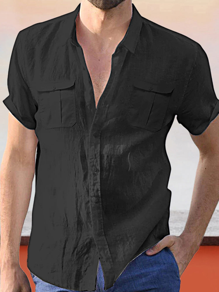 Lapel Collar Solid Color Double Pocket Shirt