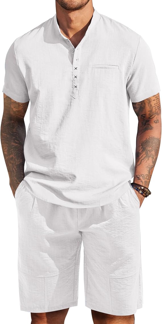COOFANDY Men's Linen Sets 2 Piece Outfits Short Sleeve Henley Shirts and Shorts Summer Beach Yoga Pants Set