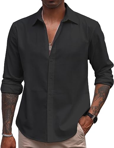 COOFANDY Men's Linen Casual Long Sleeve Button Down Summer Beach Shirt
