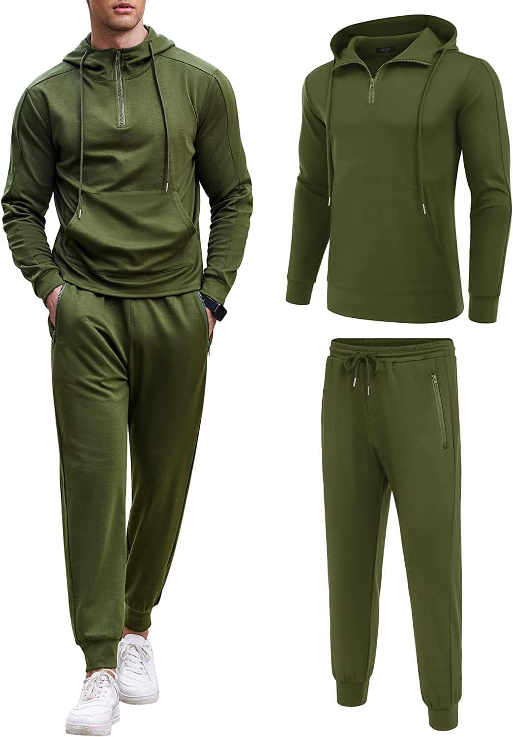 2 Piece Zip Hoodie and Sweatpants Set (US Only) Sports Set COOFANDY Store Army Green S 