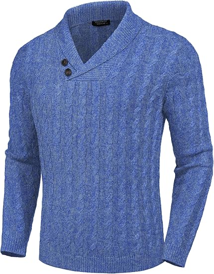 COOFANDY Men's Shawl Collar Pullover Sweater Slim Fit Casual Button Cable Knit Sweaters