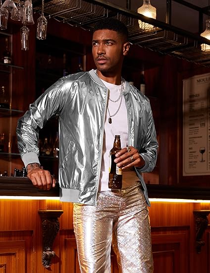 COOFANDY Men's Metallic Jacket 70s Disco Party Varsity Jacket Zip-up Baseball Bomber
