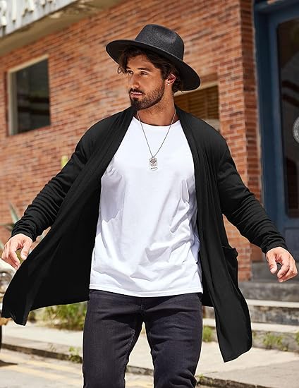 COOFANDY Men's Ruffle Shawl Collar Cardigan Open Front Lightweight Long Length Drape Cape Overcoat with Pockets