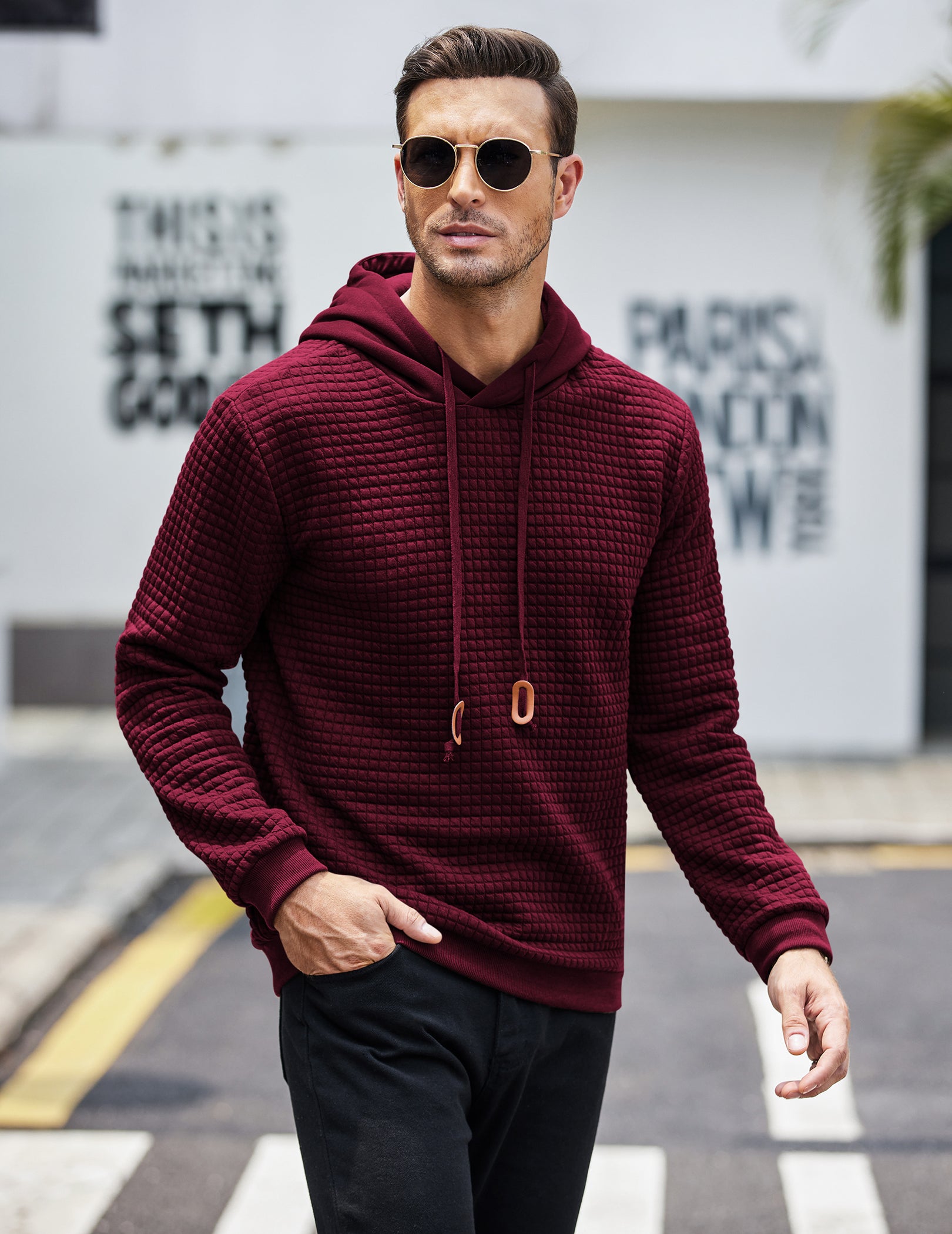COOFANDY Mens Hooded Sweatshirt Casual Long Sleeve Drawstring Waffle Knit Pullover Hoodies