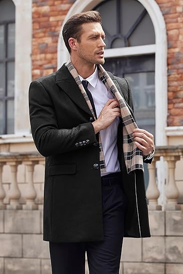 COOFANDY Men's Wool Blend Coat with Detachable Plaid Scarfs Notched Collar Single Breasted Pea Coat Trench Overcoat
