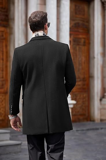 COOFANDY Men's Wool Blend Coat with Detachable Plaid Scarfs Notched Collar Single Breasted Pea Coat Trench Overcoat S-XXL