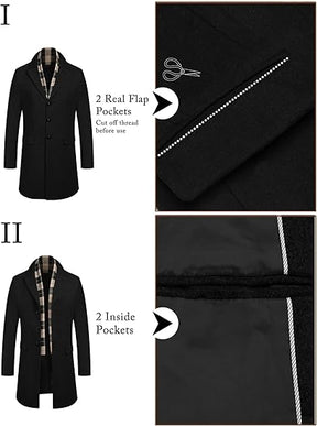 COOFANDY Men's Wool Blend Coat with Detachable Plaid Scarfs Notched Collar Single Breasted Pea Coat Trench Overcoat S-XXL