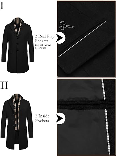 COOFANDY Men's Wool Blend Coat with Detachable Plaid Scarfs Notched Collar Single Breasted Pea Coat Trench Overcoat S-XXL