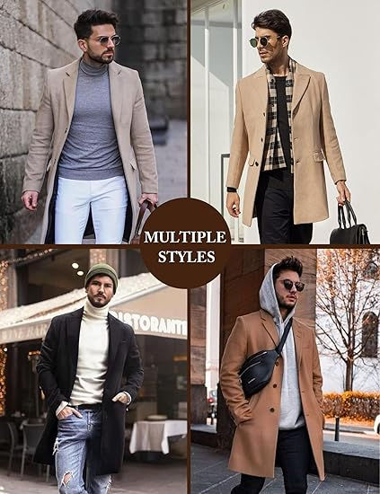 COOFANDY Men's Wool Blend Coat with Detachable Plaid Scarfs Notched Collar Single Breasted Pea Coat Trench Overcoat S-XXL