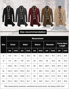 COOFANDY Men's Wool Blend Coat with Detachable Plaid Scarfs Notched Collar Single Breasted Pea Coat Trench Overcoat S-XXL