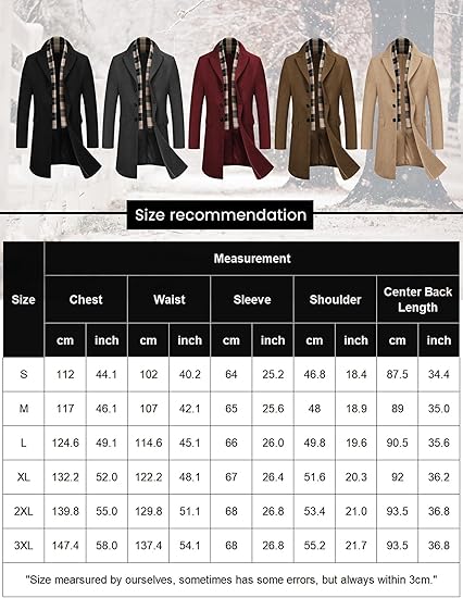 COOFANDY Men's Wool Blend Coat with Detachable Plaid Scarfs Notched Collar Single Breasted Pea Coat Trench Overcoat S-XXL