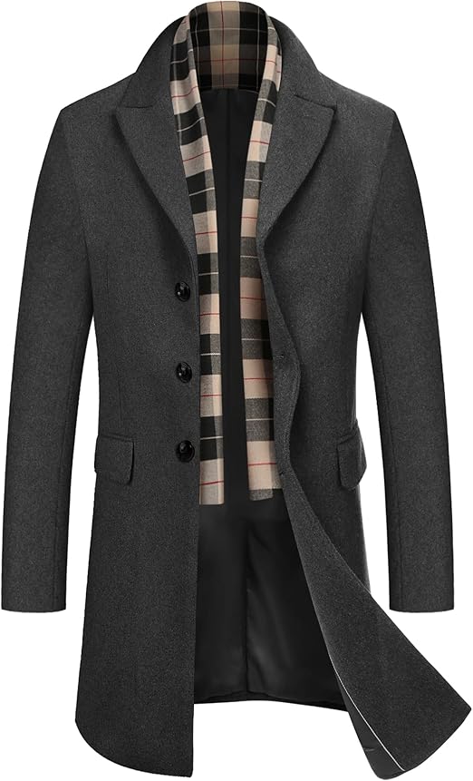 COOFANDY Men's Wool Blend Coat with Detachable Plaid Scarfs Notched Collar Single Breasted Pea Coat Trench Overcoat S-XXL
