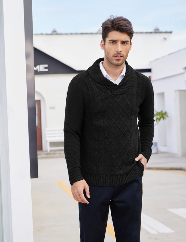COOFANDY Men's Shawl Collar Sweaters V-Neck Relaxed Fit Cable Pullovers
