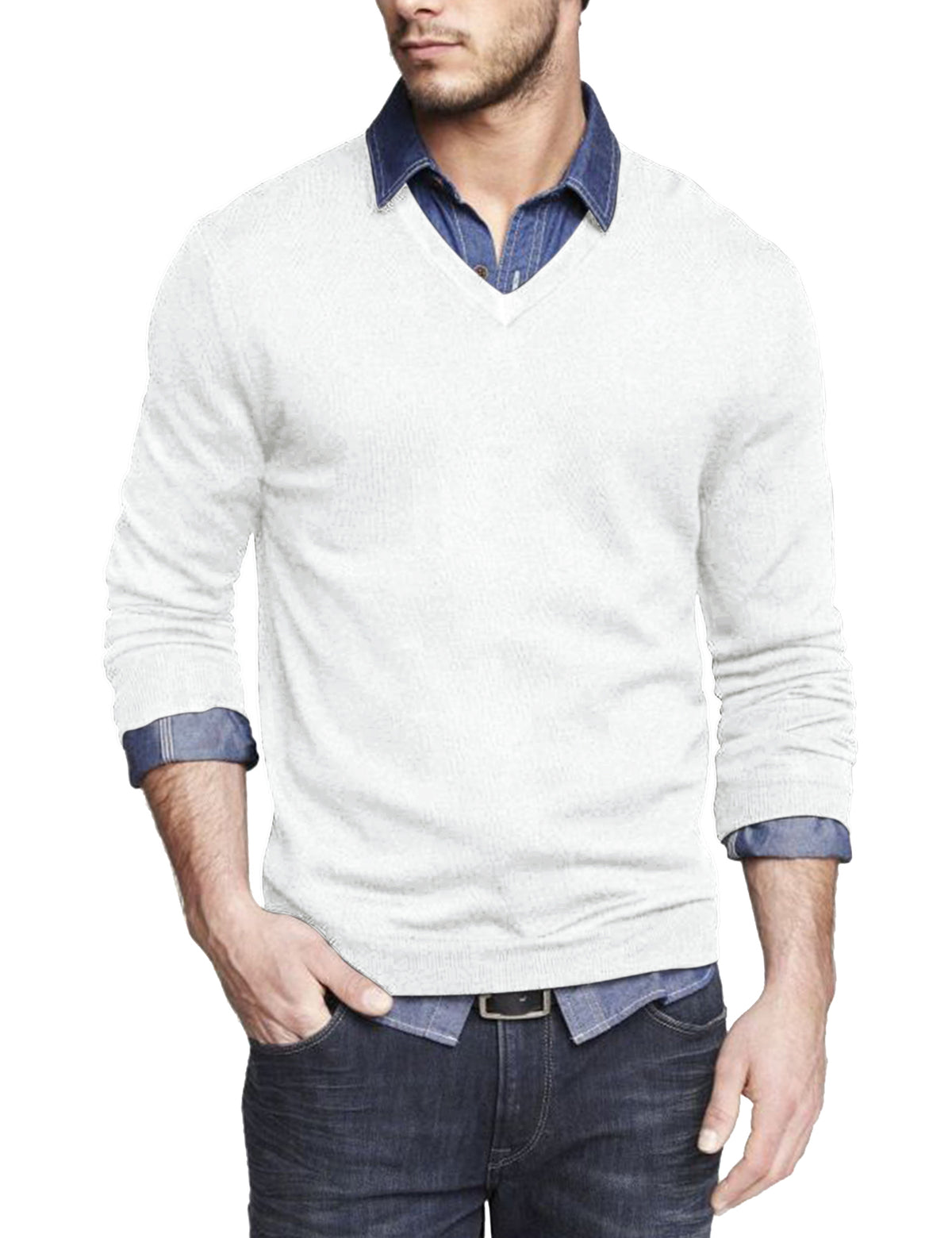 COOFANDY Men Casual V Neck Sweater Ribbed Knit Slim Fit Long Sleeve Pullover Top White