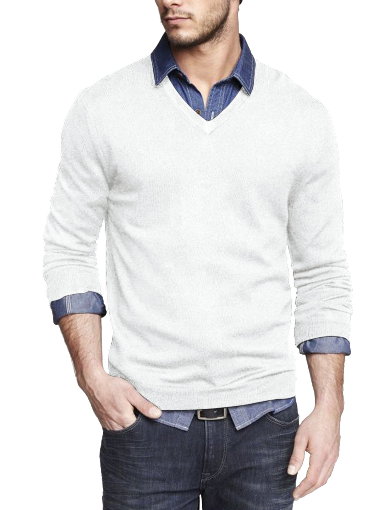 COOFANDY Men Casual V Neck Sweater Ribbed Knit Slim Fit Long Sleeve Pullover Top White