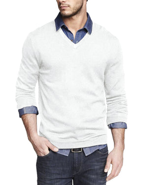 COOFANDY Men Casual V Neck Sweater Ribbed Knit Slim Fit Long Sleeve Pullover Top White