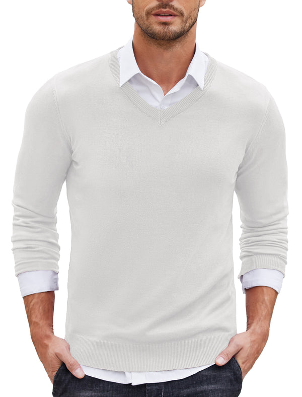 COOFANDY Men Casual V Neck Sweater Ribbed Knit Slim Fit Long Sleeve Pullover Top White