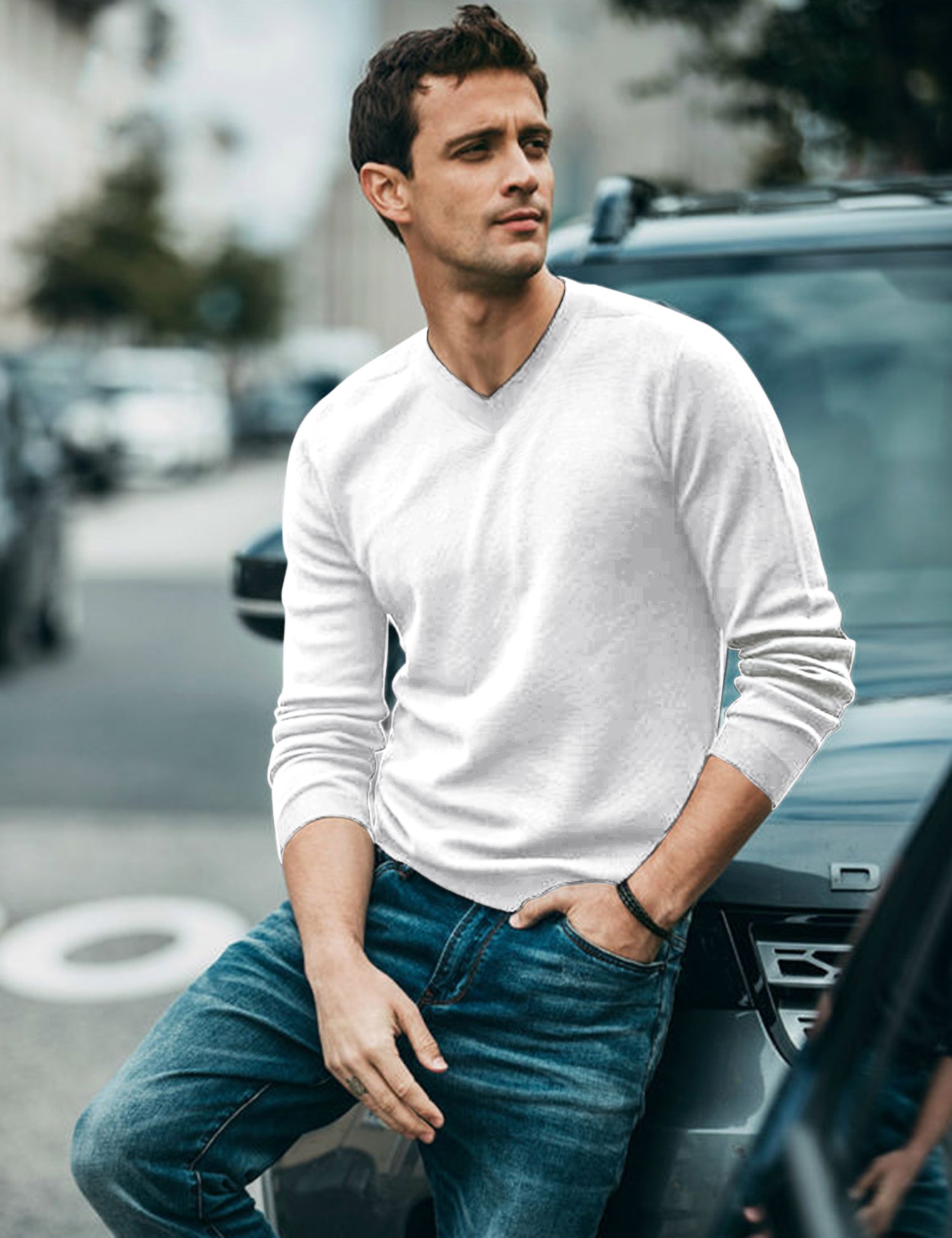 COOFANDY Men Casual V Neck Sweater Ribbed Knit Slim Fit Long Sleeve Pullover Top White