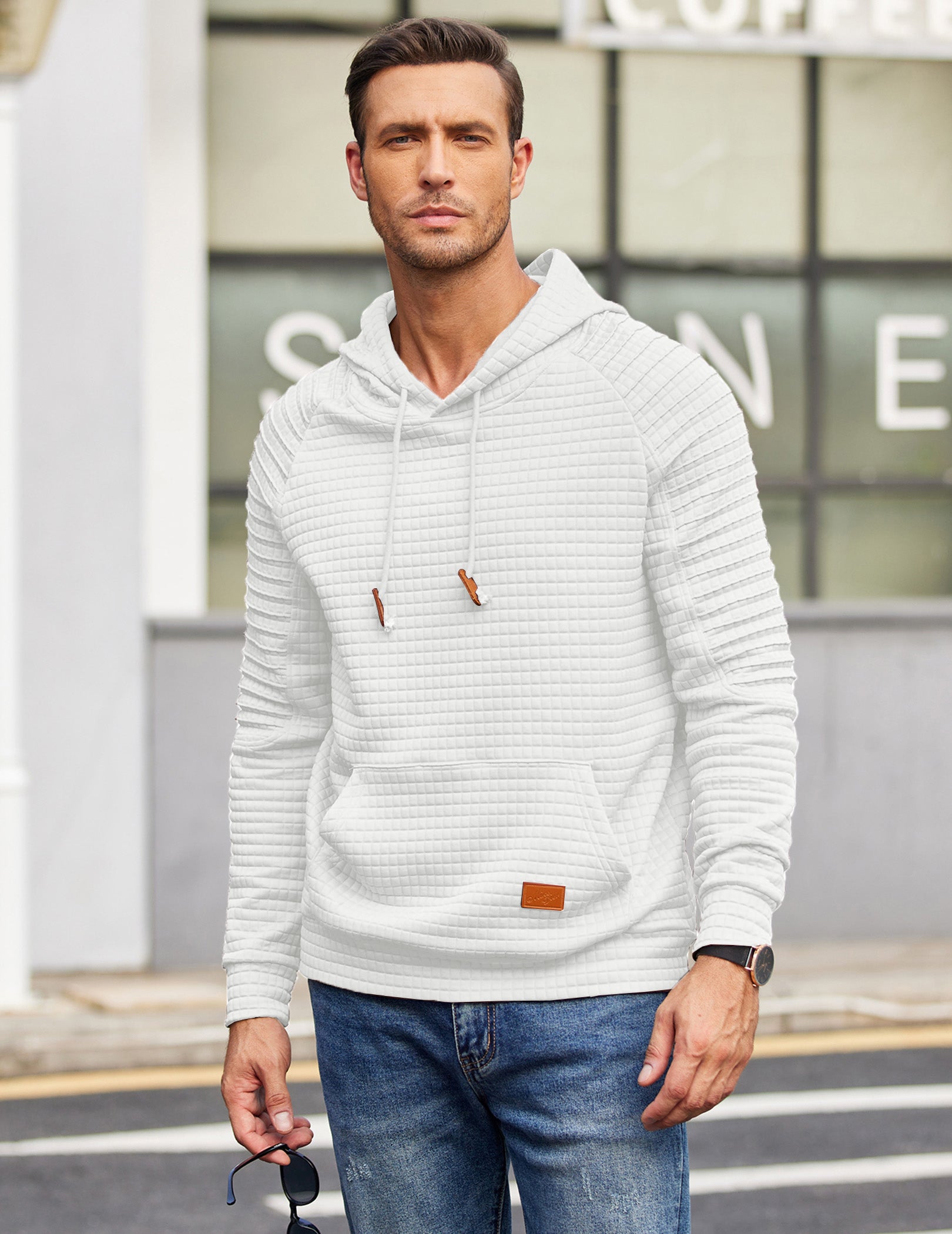 COOFANDY Mens Hoodies Pullover Casaul Long Sleeve Drawstring Waffle Knit Hooded Sweatshirt with Kanga Pocket