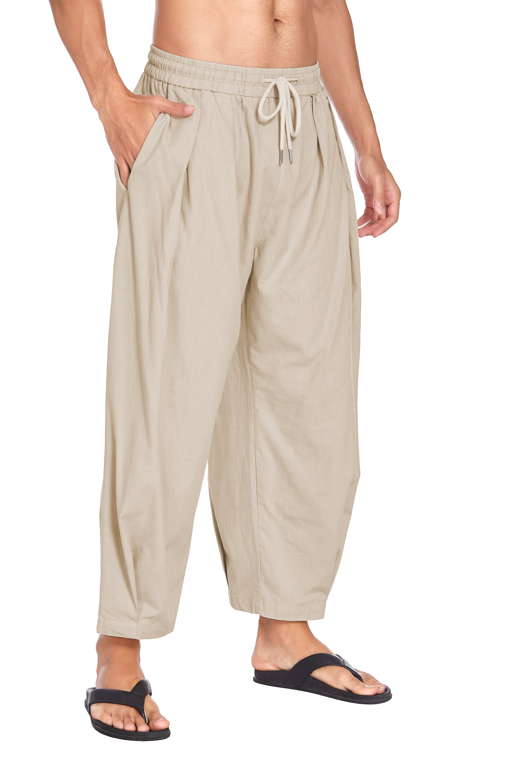 COOFANDY Men's Cotton Linen Harem Pants Drawstring Casual Cropped Trousers Lightweight Loose Beach Yoga Pants with Pockets