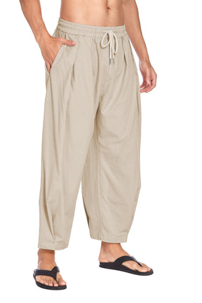 COOFANDY Men's Cotton Linen Harem Pants Drawstring Casual Cropped Trousers Lightweight Loose Beach Yoga Pants with Pockets