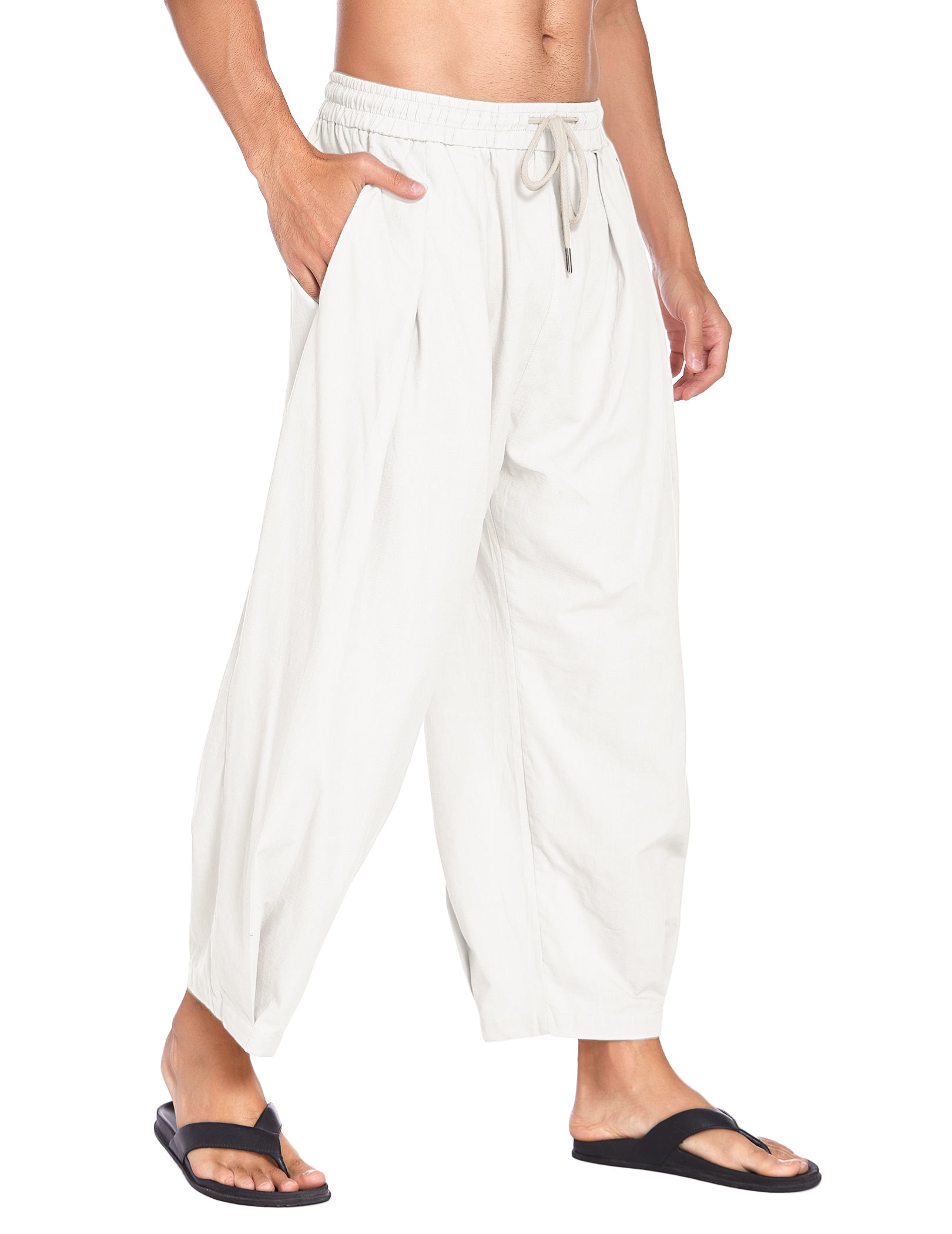 COOFANDY Men's Cotton Linen Harem Pants Drawstring Casual Cropped Trousers Lightweight Loose Beach Yoga Pants with Pockets