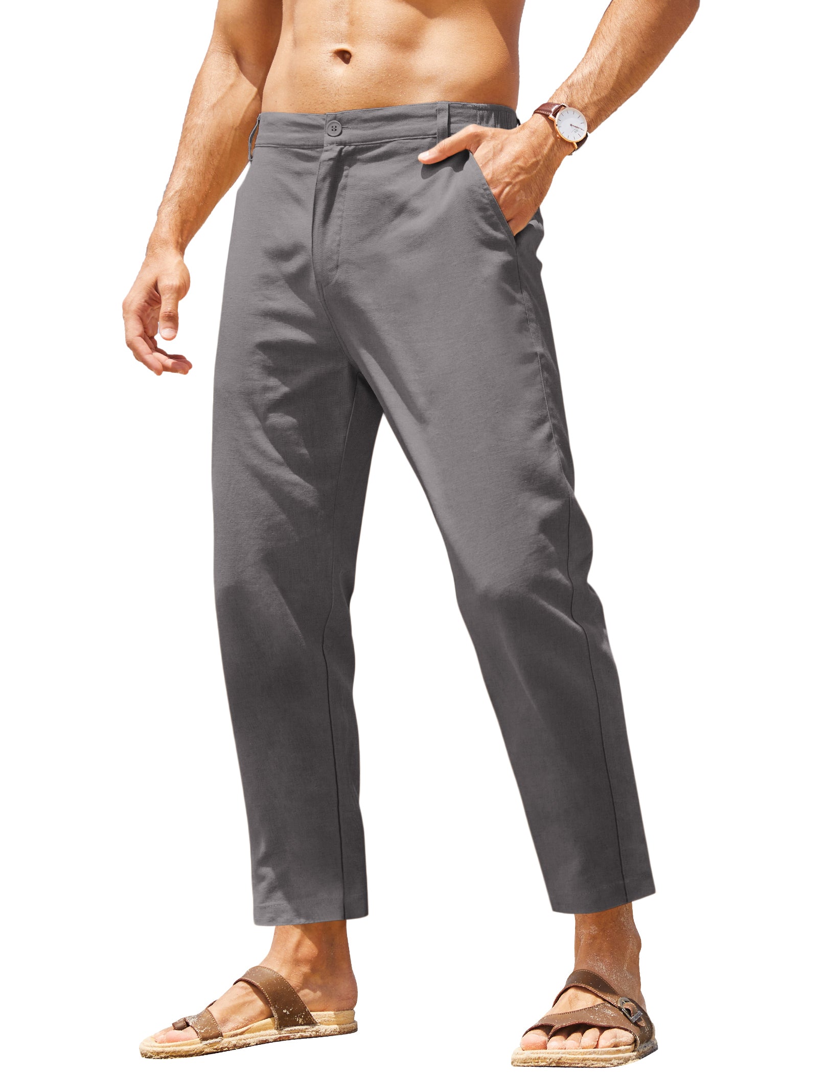 COOFANDY Men's Cotton Linen Pants Elastic Waist Lightweight Casual Pants Relaxed Fit Yoga Beach Pants with Pockets