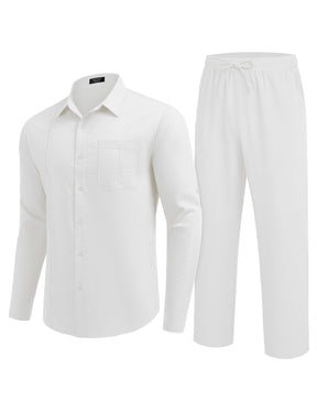 COOFANDY Mens Linen Sets 2 Piece Long Sleeve Button Down Cuban Shirt and Pants Set Summer Beach Set Outfits