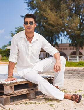 COOFANDY Mens Linen Sets 2 Piece Long Sleeve Button Down Cuban Shirt and Pants Set Summer Beach Set Outfits