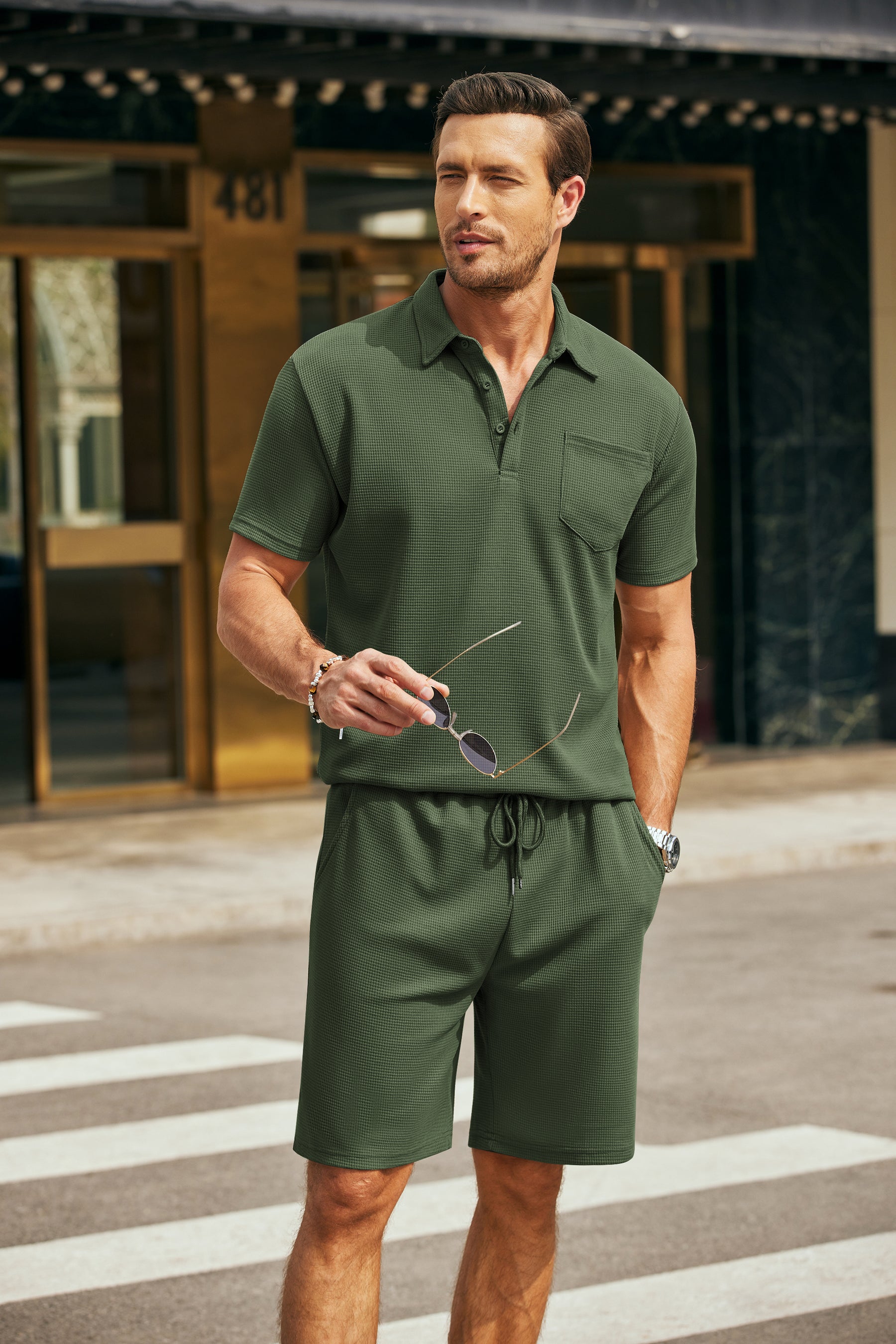 COOFANDY Men's Waffle Knit Polo Shirt and Shorts Set 2 Pieces Outfits Summer Suit Casual Tracksuit with Pockets